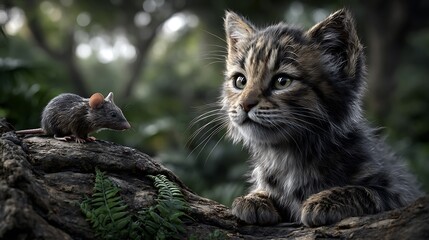 A scene of an animated cat perched on a tree branch observing a rat walking across a jungle floor covered in damp foliage