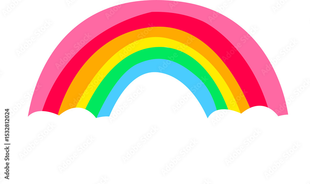 Poster flat stylized rainbow arching between two fluffy clouds is showing on transparent backdrop