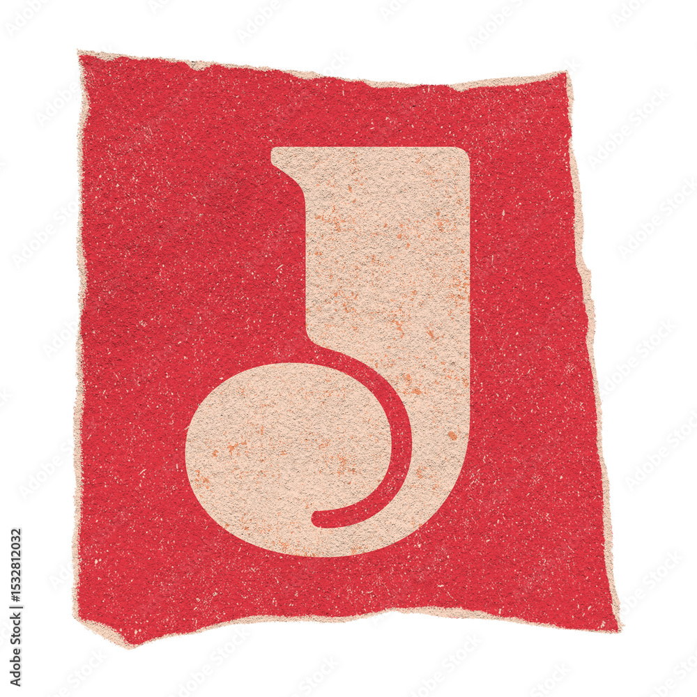 Poster stylized j shape is floating in flat design on torn red textured square with transparent background