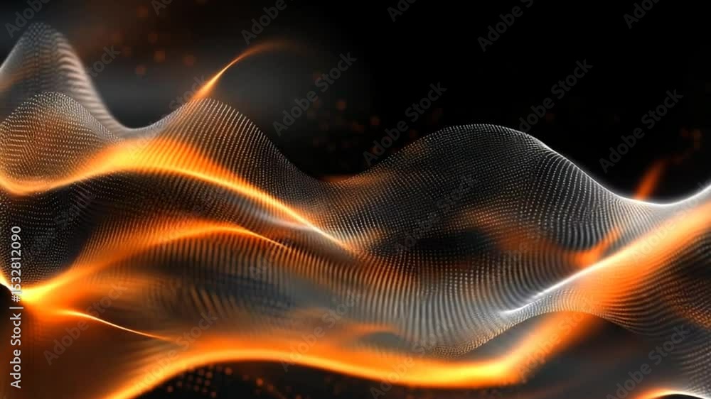 Poster abstract particle wave with glowing orange light on black background visualization