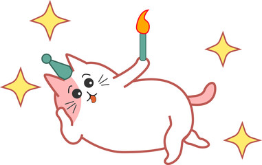 Cartoon cat is lying on side holding candle, wearing green party hat, stars, transparent background