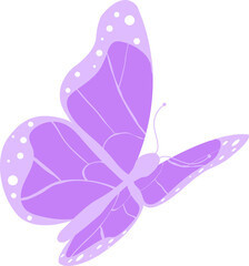 Purple butterfly gliding in flat design on clear background with gradient wings and white spots