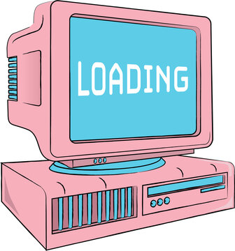 Fototapeta Flat retro computer showing CRT monitor loading screen and front vents, transparent background