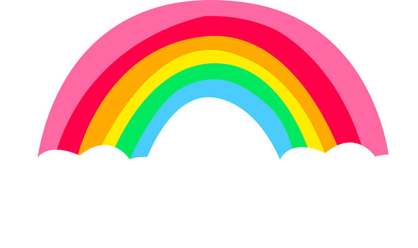 Fototapeta Flat stylized rainbow arching between two fluffy clouds is showing on transparent backdrop