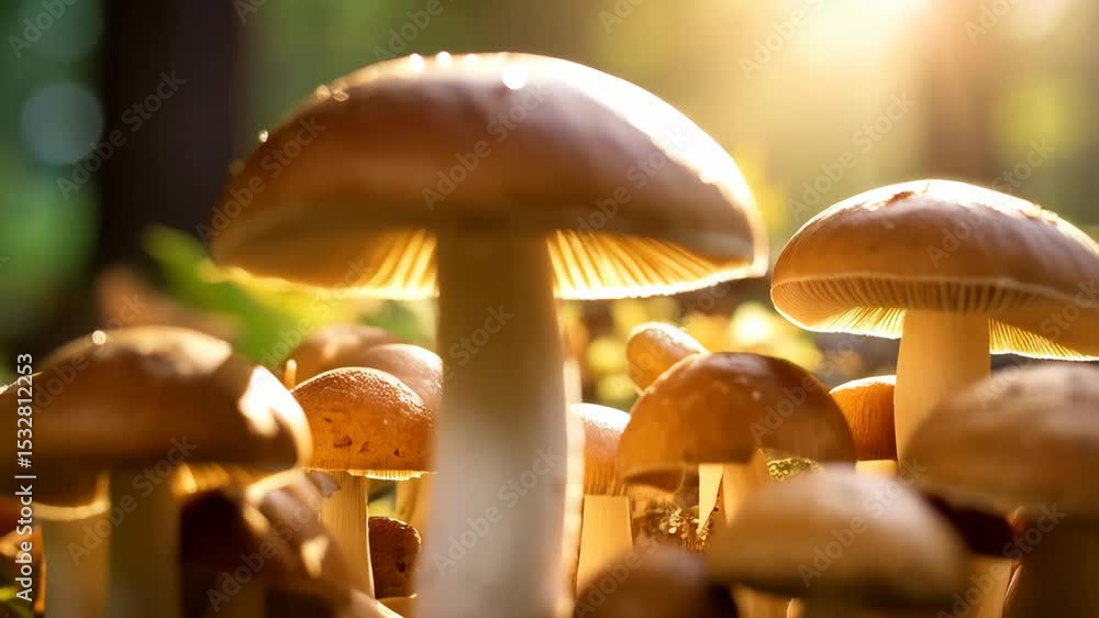 Poster cluster of brown mushrooms illuminated by sunlight in a natural forest environment with soft backgro