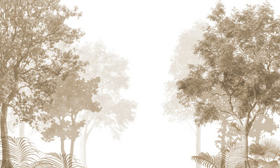 Subtle Nature Wall Mural: Faded Sepia Trees & Abstract Forest Background © csinie1