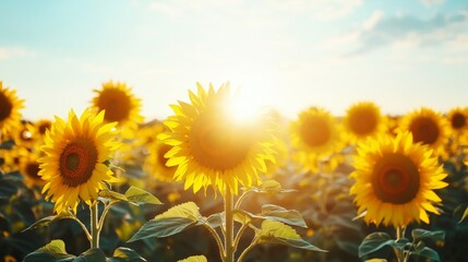 Obraz premium A dynamic photograph capturing the movement of sunflowers turning towards the sun, with rows of plants stretching into the distance, symbolizing growth and vitality