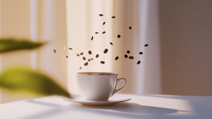 A tranquil moment with hot coffee and falling beans on a white table and blurry green leaves