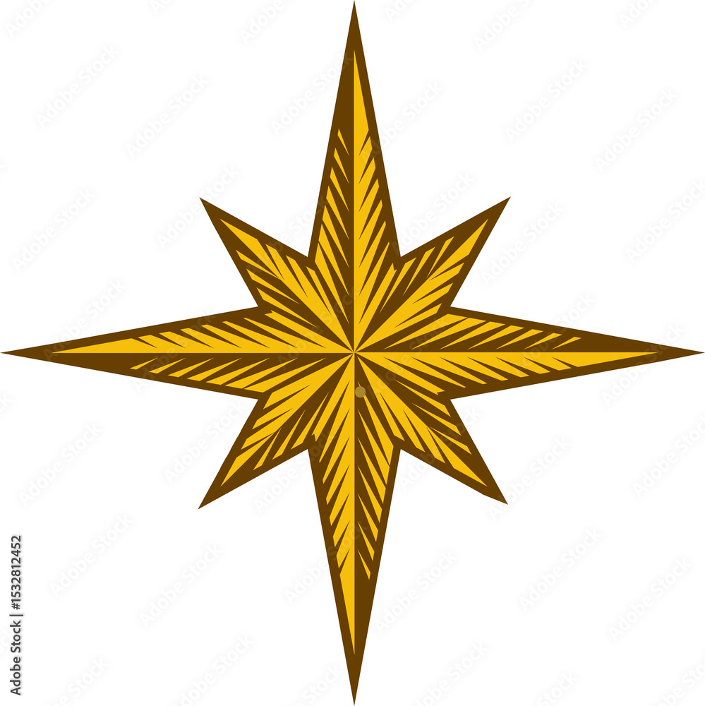 Poster stylized 8-pointed star icon is shining in flat design on transparent canvas with golden engraving