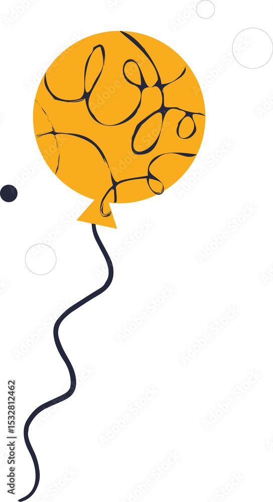 Poster flat design orange balloon with swirl lines, string, circles is floating on transparent background