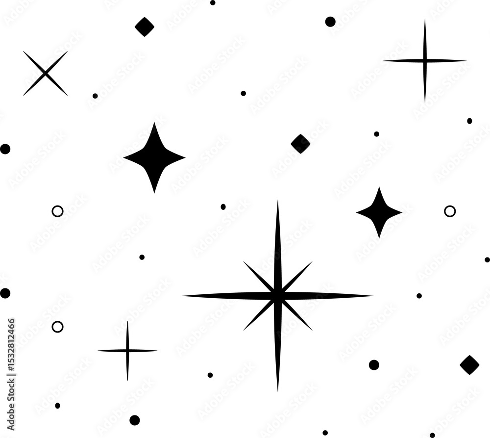 Poster flat vector sparkle shapes are floating across transparent background showing starbursts and rings