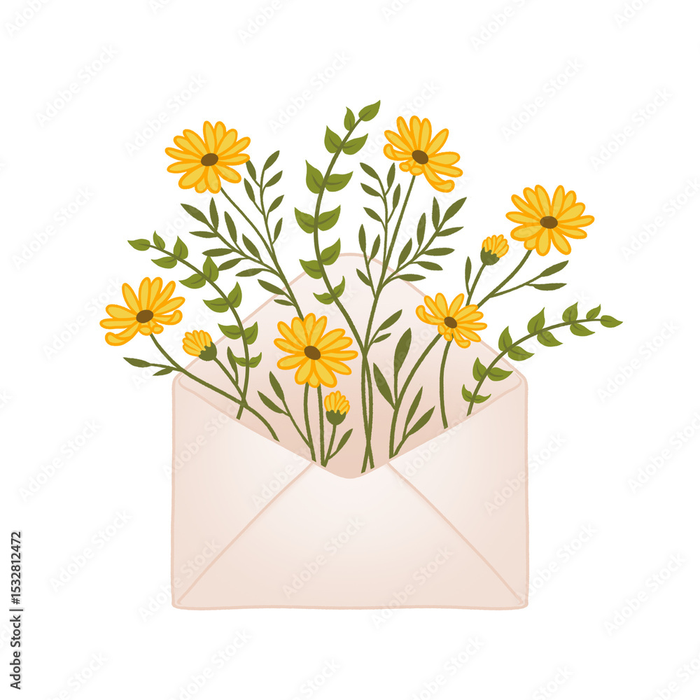 Poster flat design is showing open envelope with yellow daisy flowers and stems on transparent backdrop