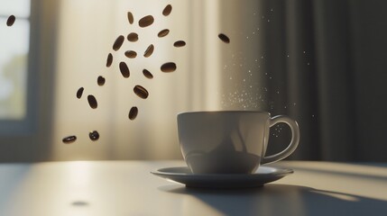 A captivating scene of coffee beans falling gracefully towards a steaming cup on a white table