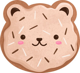 Bear shaped cookie is floating on transparent background, featuring sprinkles and chocolate accents