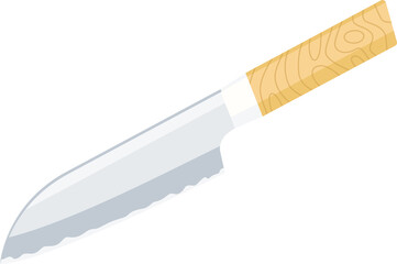 flat design Santoku knife is tilting with wood handle, scalloped blade on transparent background