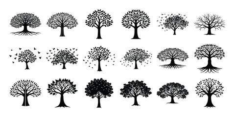 Fototapeta premium Single Tree Silhouette set on White Background, Black Tree Silhouette set.