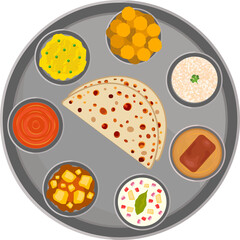 Indian thali is being shown in flat design on transparent background, with metal platter and bowls