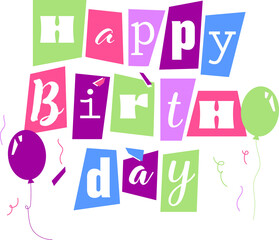 Flat design Happy Birthday banner is showing pastel balloons and streamers on transparent backdrop