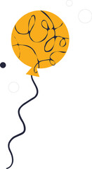 Flat design orange balloon with swirl lines, string, circles is floating on transparent background