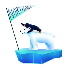 Polar bear is carrying penguin on faceted ice in flat design, North Pole flagpole clear background