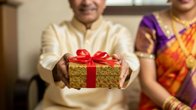 Gift from brother for Raksha Bandhan celebration. Brother giving sister a golden gift box tied with red ribbon during Raksha Bandhan festival.