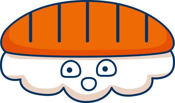Flat design nigiri sushi is floating on transparent background, showing minimalist surprised face