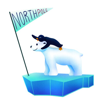 Polar bear is carrying penguin on faceted ice in flat design, North Pole flagpole clear background