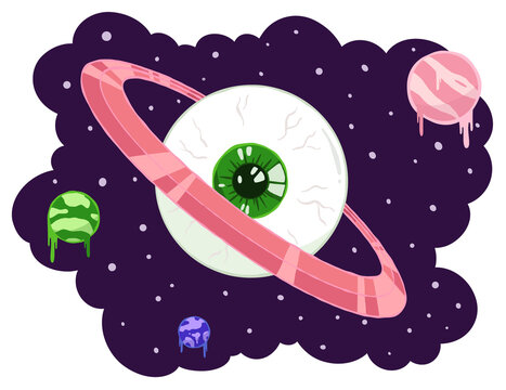 Naklejki Eyeball planet is floating in flat design with pink ring, dripping orbs on transparent background