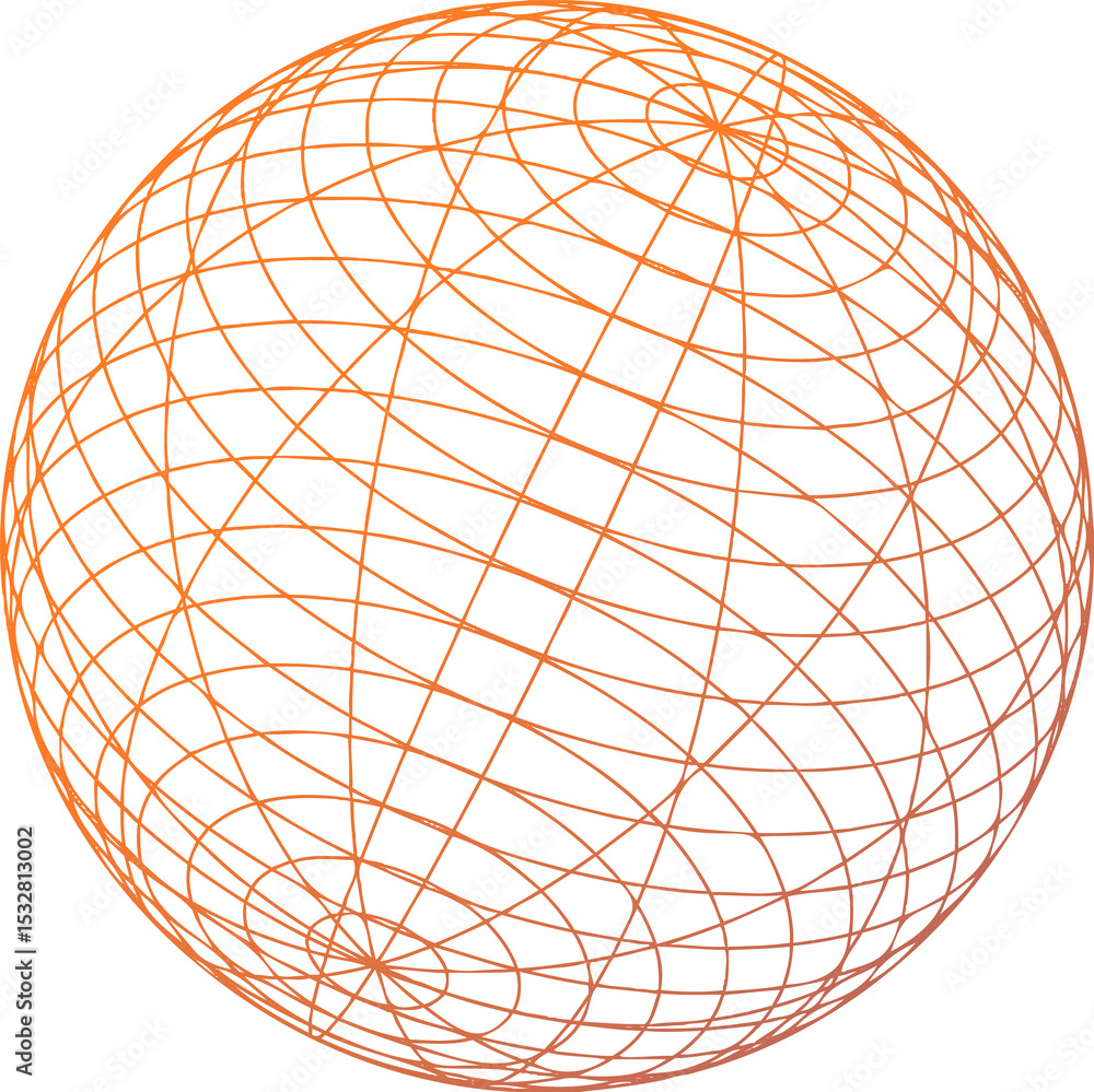 Poster geometric wireframe sphere is appearing in 3d render with orange grid lines on transparent backdrop