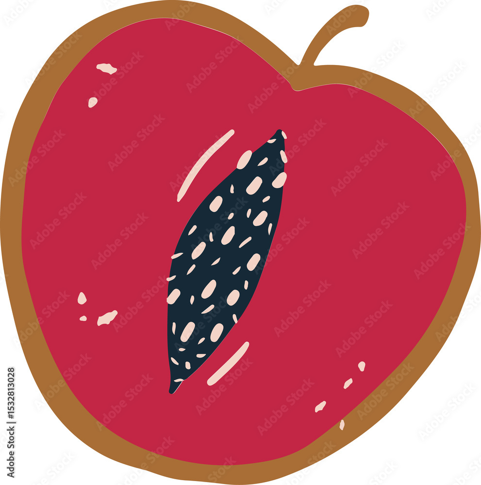 Poster flat design plum half is floating on transparent background, showing speckled pit pattern