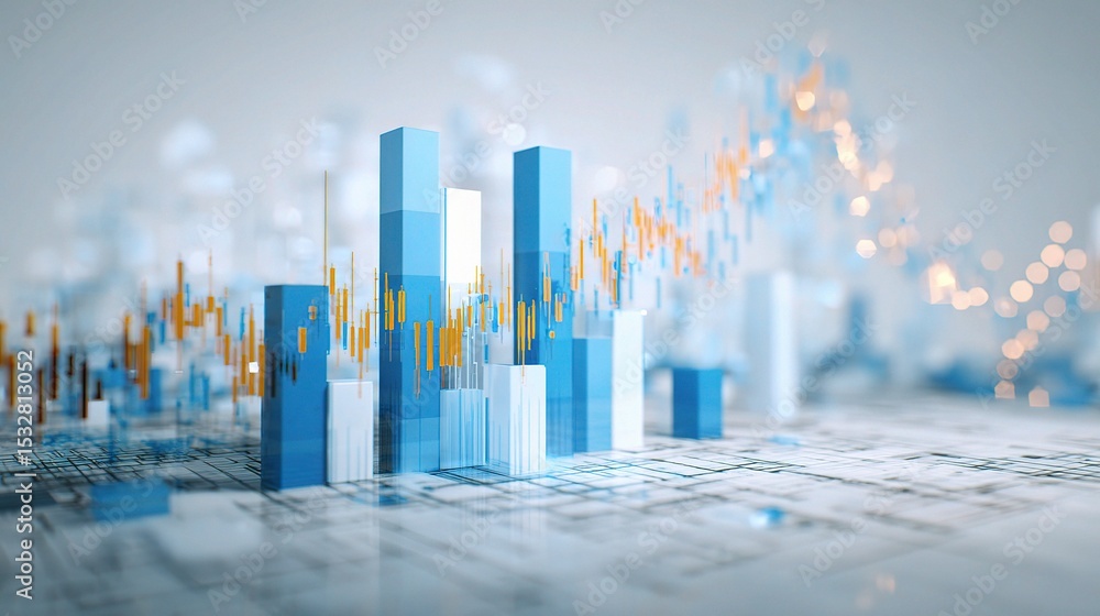 Poster 3d rendering of financial data with blue bar graph visualization