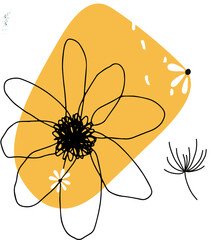 Mustard-yellow blob is framing scribble flower, white daisies and seed-head on transparent canvas