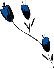 Flat design stem is bearing three blue tulip buds, black leaves, scribbles, transparent background