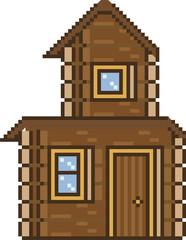 Obraz premium Pixel art cabin is showing log walls, gabled roof, door, shuttered windows, transparent background