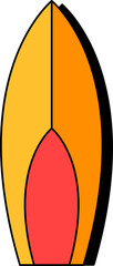 Flat design illustration showing three-color surfboard shape floating on transparent background