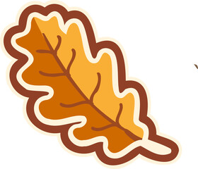 Flat vector oak leaf is showing yellow to orange gradient, brown border on transparent backdrop