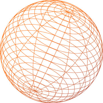 Geometric wireframe sphere is appearing in 3D render with orange grid lines on transparent backdrop