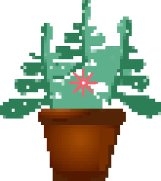 Fototapeta Stylized pixel art potted plant is showing leaf layers with pink star, transparent background