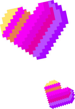 Fototapeta Pair of 8-bit hearts are floating on transparent backdrop, showing pixelated multicolored stripes