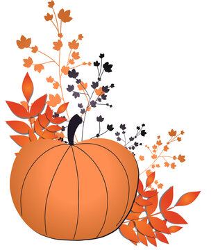 Fototapeta Flat design showing orange pumpkin with stem and leaf and floral branches, transparent background