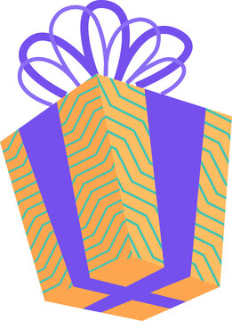3D hexagonal gift box is showing yellow orange zigzag, purple loops on clear backdrop, copy space