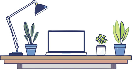Minimalist workspace with laptop lamp and potted plants vector illustration on white background.
