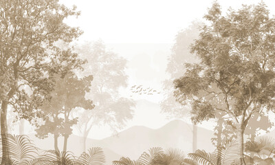 Subtle Nature Wall Mural: Faded Sepia Trees & Abstract Forest Background © csinie1