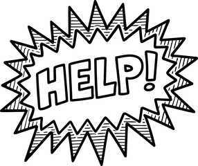 Fototapeta premium Comic help text in explosion shape black and white exclamation, emergency warning sign, outline icon