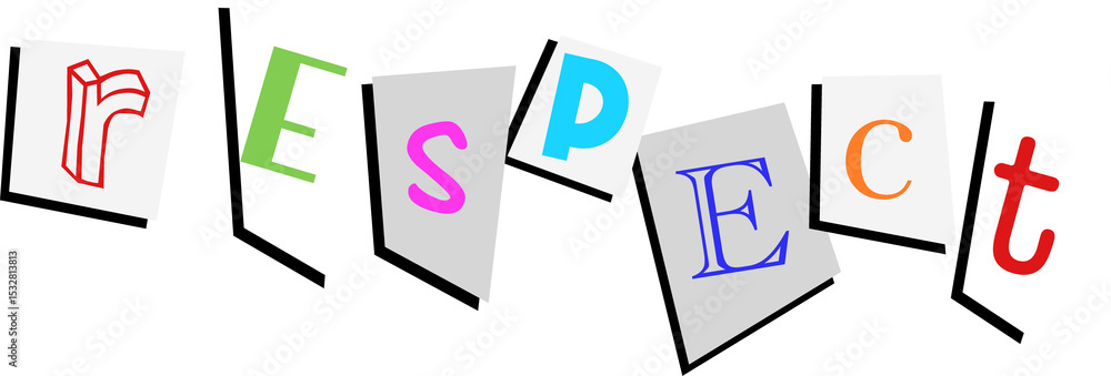 Poster flat design is showing cutout letters spelling respect on clear background with panels and shadows