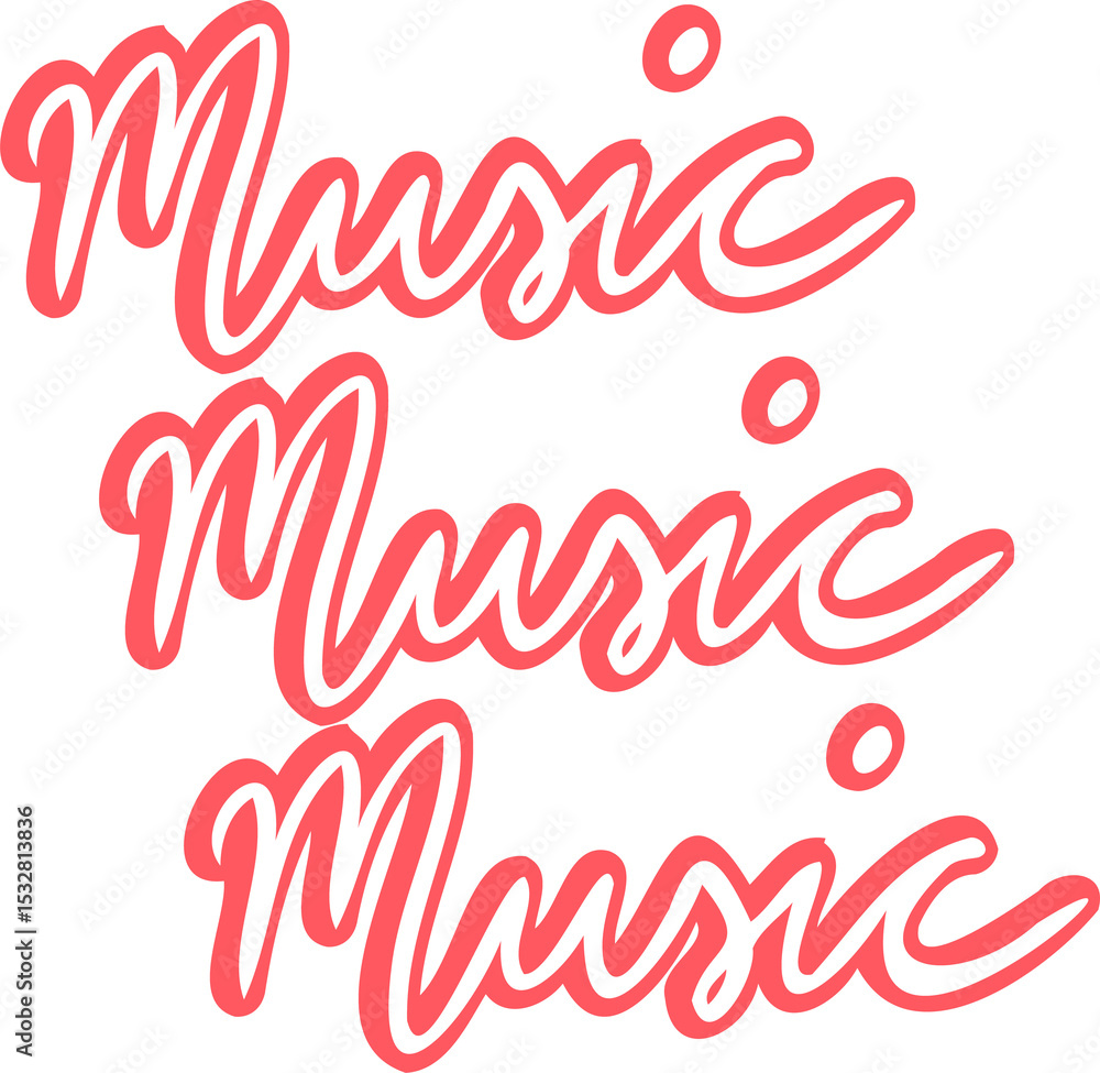 Poster featuring three cursive music words stacking in neon flat design, red shadows on clear backdrop