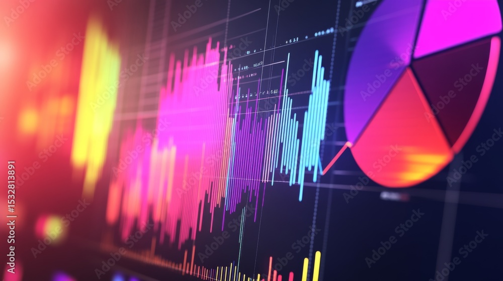 Poster a financial pie chart and line graph in vibrant colors, depicting key business data and market insig