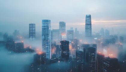 Fototapeta premium A city skyline shrouded in a light mist at dawn.