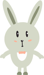 Stylized cartoon rabbit is displaying white belly patch and pink bow on transparent background