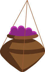 Earthenware pot is hanging by ropes in flat design, full of purple berries, transparent background